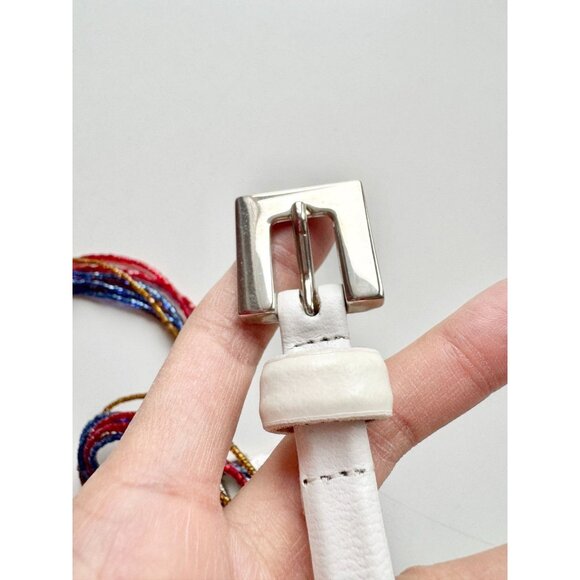 Vintage SANDY DUFTLER DESIGNS White Leather Beaded Chain Skinny Belt - Picture 5 of 10